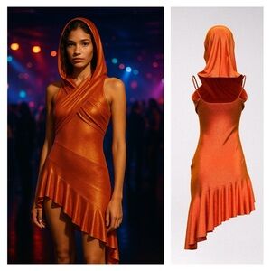 MACCAPANI Missoni Mini Dress Orange Hooded Asymmetrical Size Small Metallic NWT